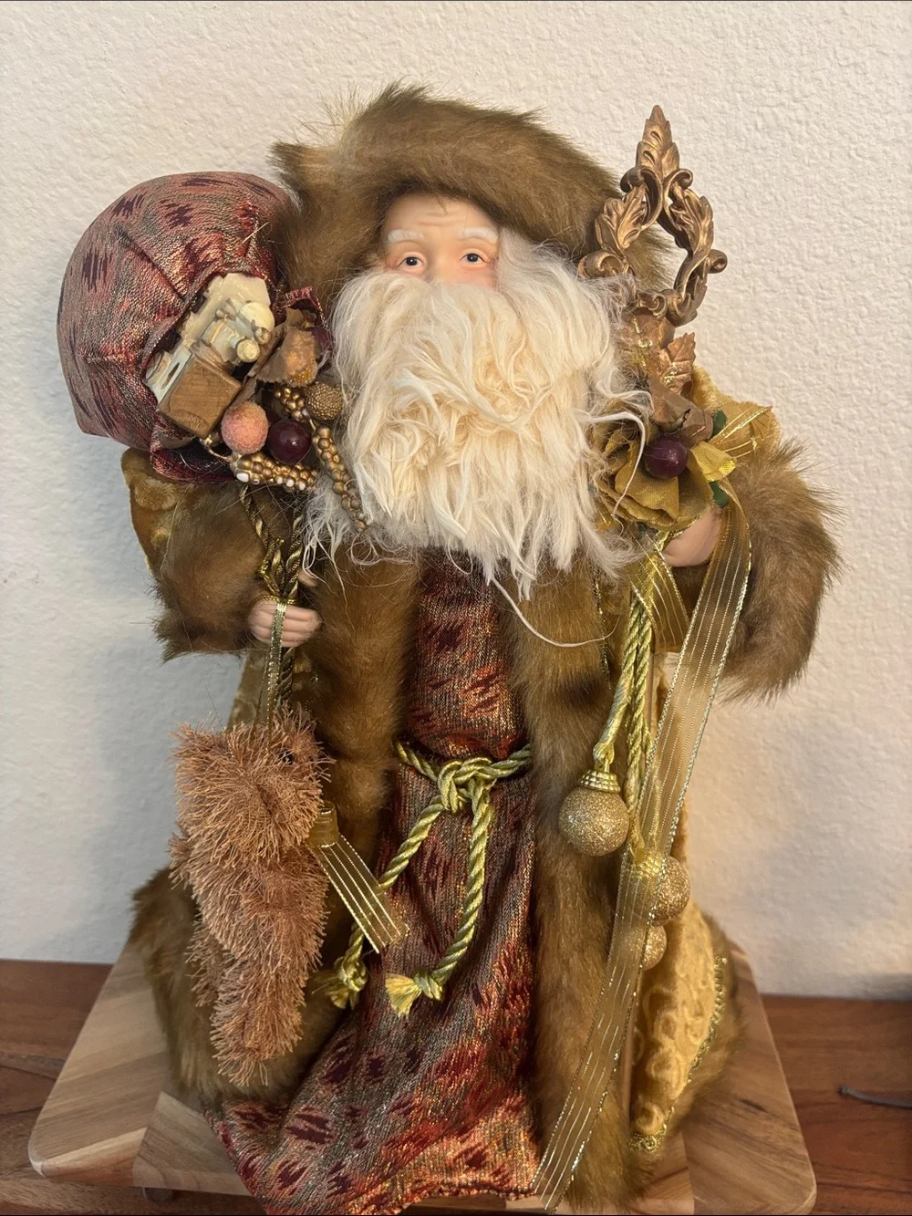 Vintage-Inspired golden color Fur Santa Figurine Holiday Decor